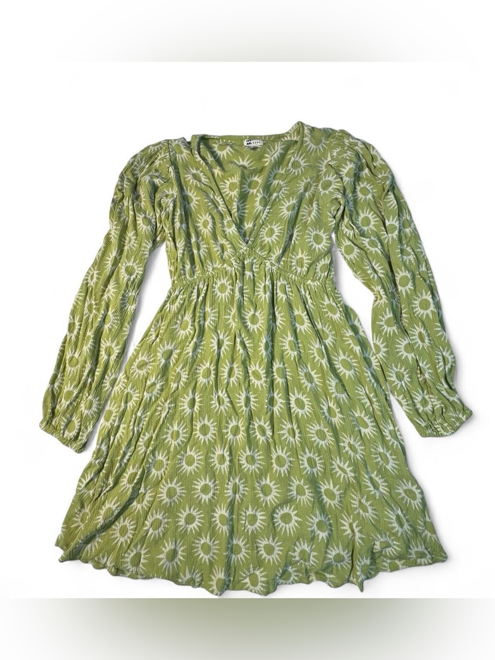 Billabong Green Sun Print Long Sleeve Mini Dress Women's S/P Boho Indie Festival